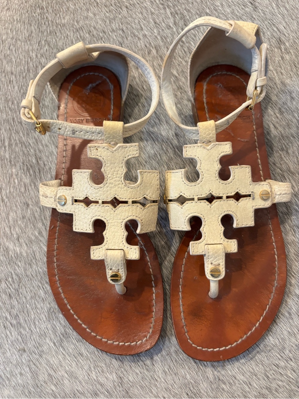 Tory Burch Cream Leather Logo Toe-Post Sandals with Brown Footbed